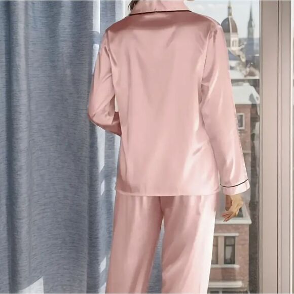 Satin Pink Pajama Set Classic Button Down Loungewear Long Sleeve Sleepwear Large - Picture 10 of 13